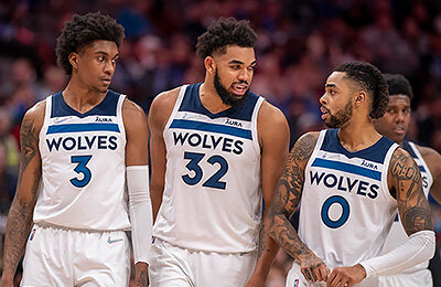 Миннесота, Джарред Вандербилт, Джейден Макдэниэлс, Карл-Энтони Таунс, Д’Анджело Расселл, Патрик Беверли, Энтони Эдвардс, НБА