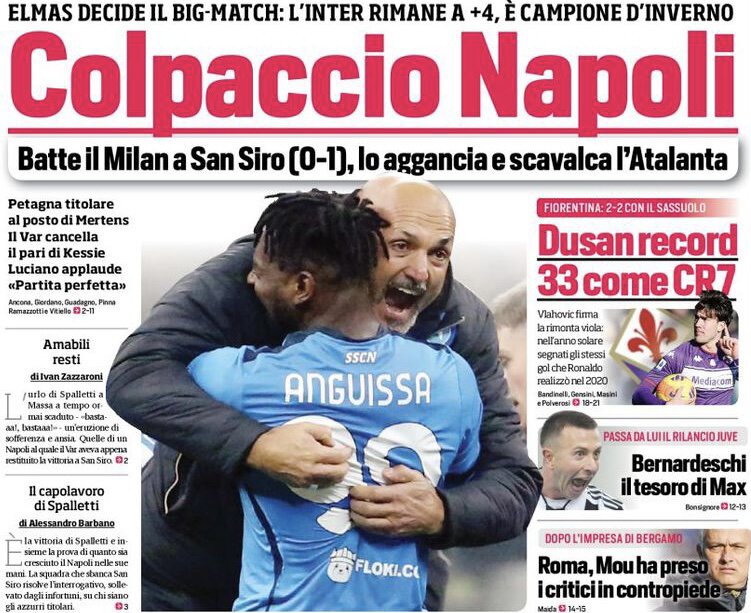 Удача «Наполи». Заголовки Gazzetta, TuttoSport и Corriere за 20 декабря