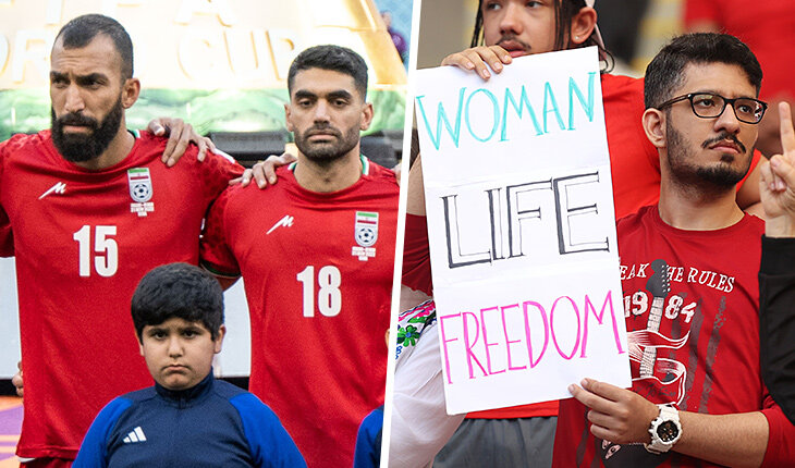 «Женщины. Жизнь. Свобода». Сборная Ирана не пела гимн, а болельщики пришли с протестными баннерами