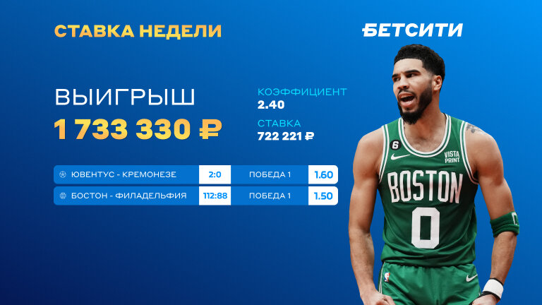 Победы «Юве» и «Бостона» принесли игроку БЕТСИТИ 1 733 330 ₽!