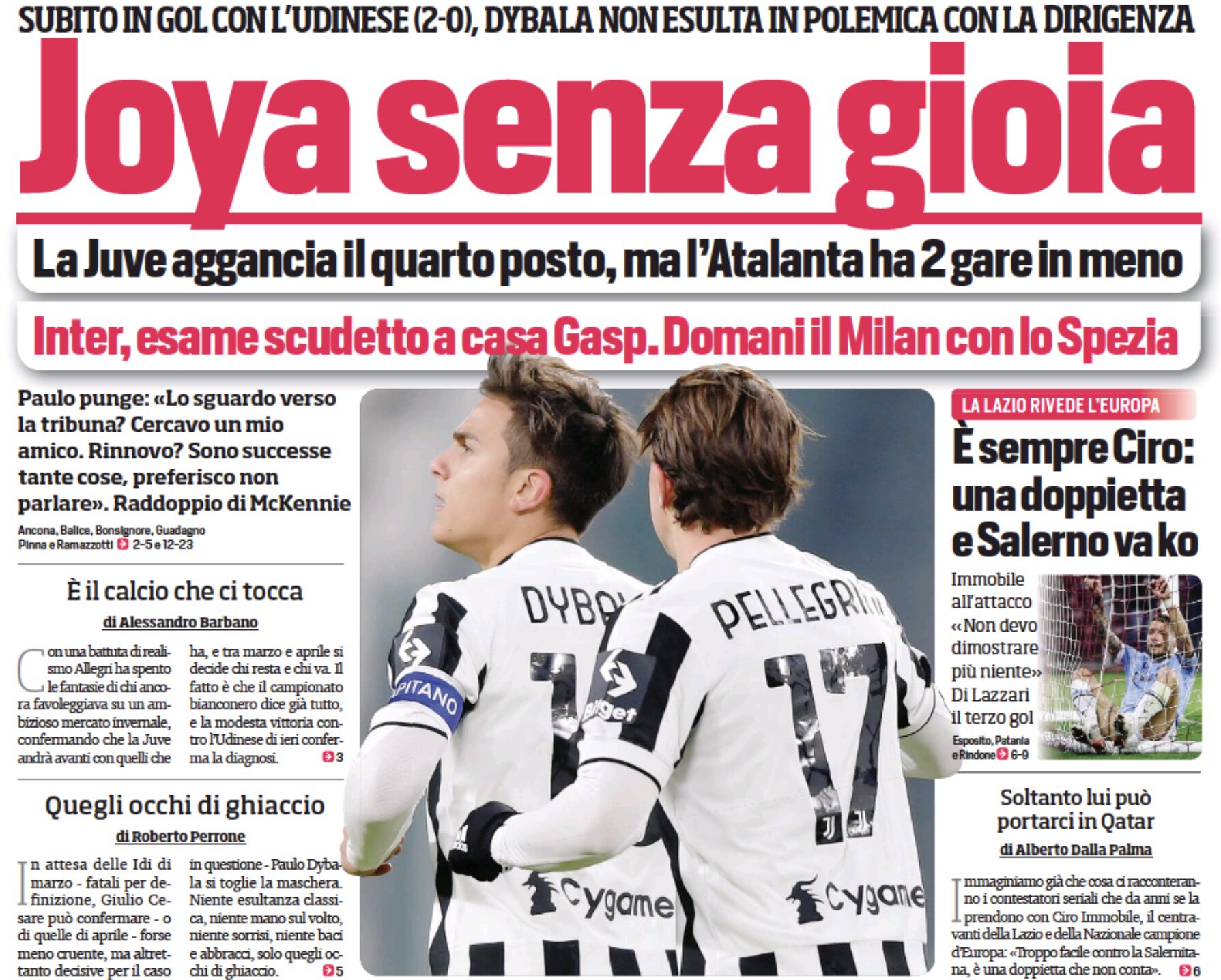 «Радость» без радости. Заголовки Gazzetta, TuttoSport и Corriere за 16 января