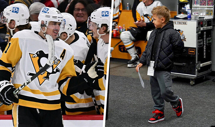 Сын Малкина зачитал состав перед 1000-м матчем отца в НХЛ. А игроки «Питтсбурга» дружно махали ногами, лежа на льду