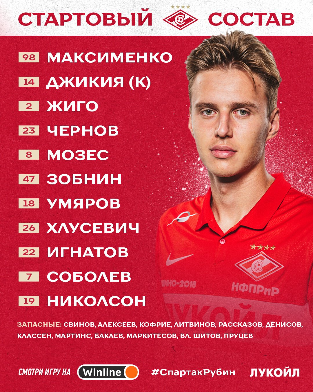 Состав «Спартака» в матче с «Рубином»