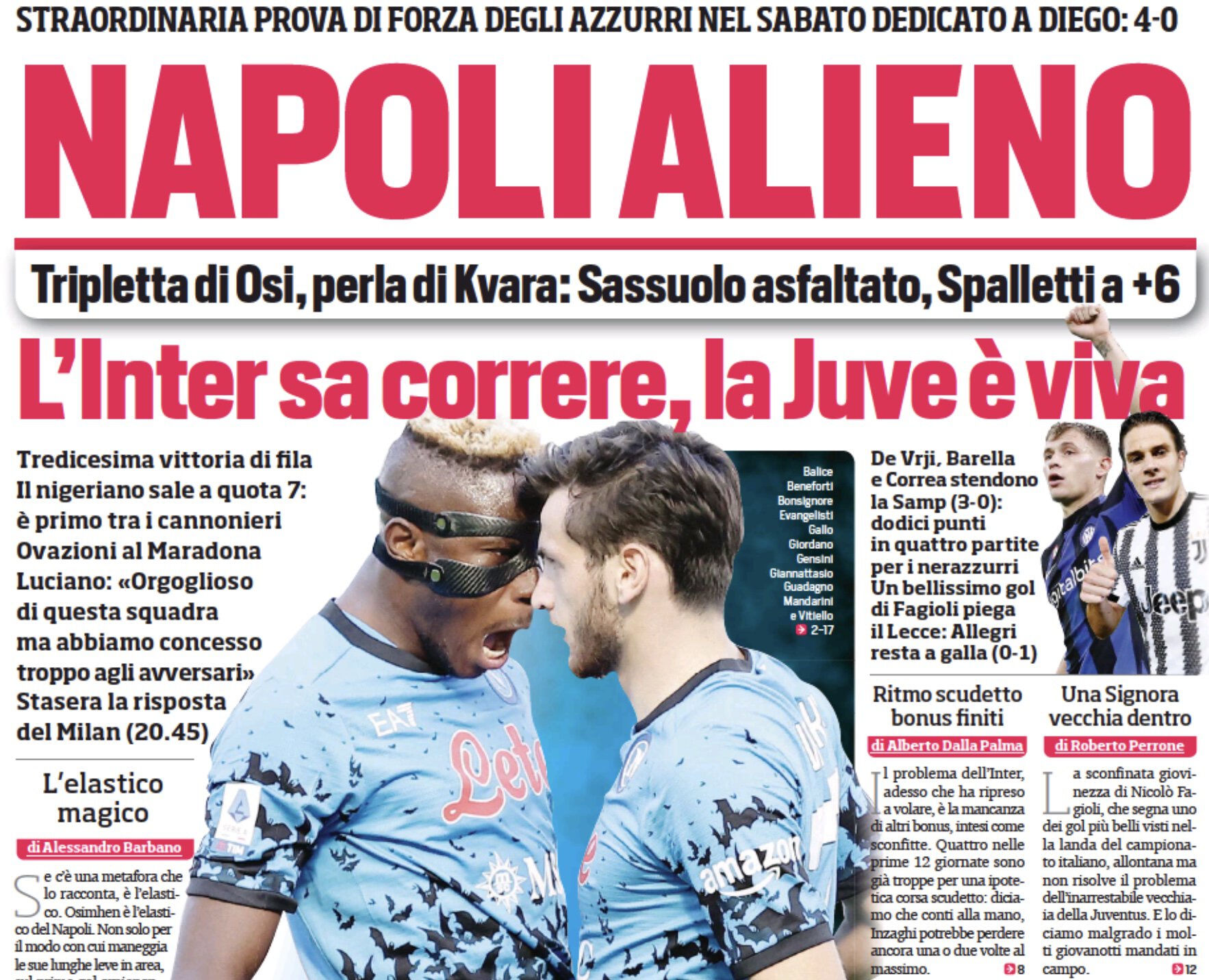 «Наполи» инопланетянин. Заголовки Gazzetta, TuttoSport и Corriere за 30 октября