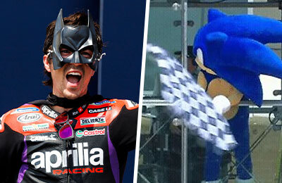 Супергеройский карнавал на мотогоночном ЧМ в США: Соник машет финишным флагом, победители обернулись Бэтменами!