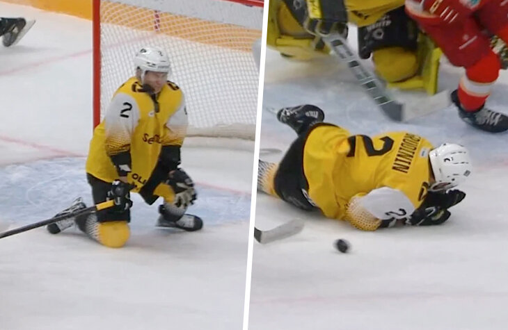 Ужасный момент в КХЛ: игрок остановил шайбу лицом – зато спас ворота
