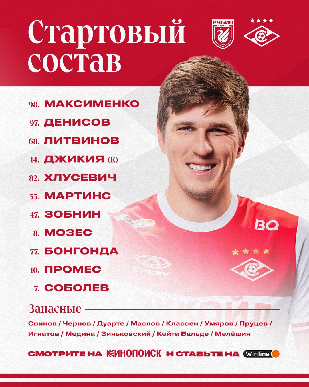 Состав «Спартака» на матч с «Рубином»