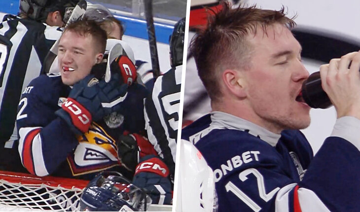 Фотография поста в ленте Плей-офф – это еще и весело. Защитник «Металлурга» украл бутылку у вратаря «Авангарда»