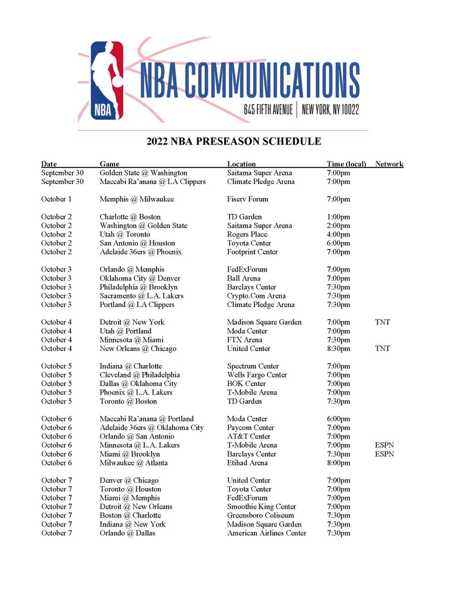 НБА опубликовала полное расписание предсезонных матчей - Баскетбол -  Sports.ru