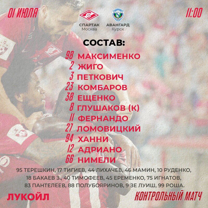 Состав «Спартака» в матче со «Авангардом»