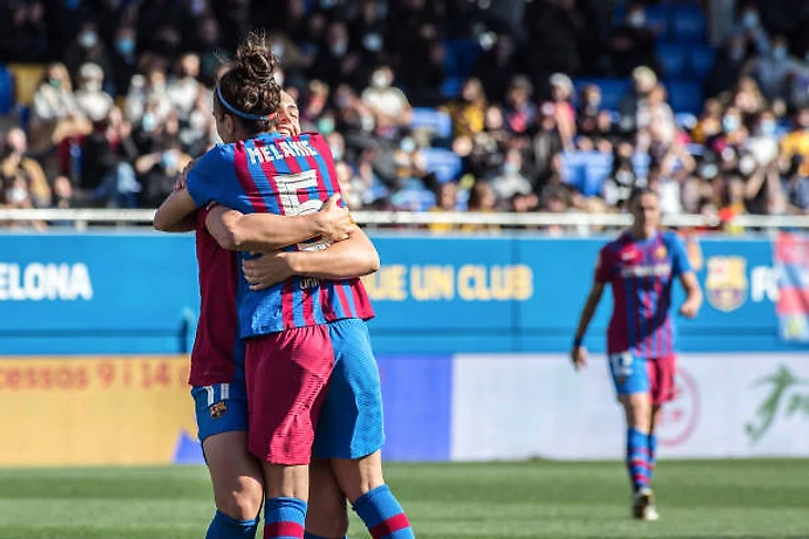 Melanie Serrano and Alexia Putellas of FC Barcelona celebrate after scoring a goal during the Primera Iberdrola match between FC Barcelona Femeni and...