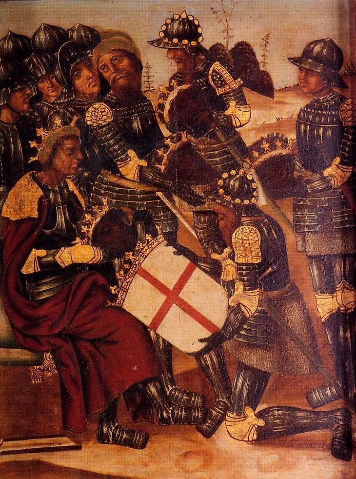 Педро I получает щит, украшенный крестом Святого Георгия