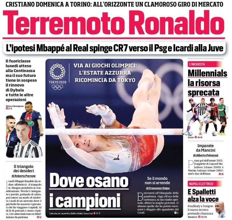 Землетрясение Роналду. Заголовки Gazzetta, TuttoSport и Corriere за 23 июля