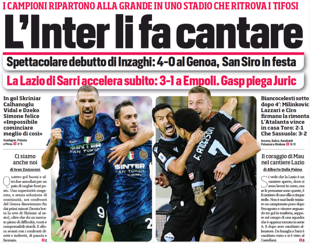 «Интер» заставляет их петь. Заголовки Gazzetta, TuttoSport и Corriere за 22 августа