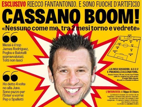 «Кассано бум!». Заголовки Gazzetta, TuttoSport и Corriere за 27 апреля