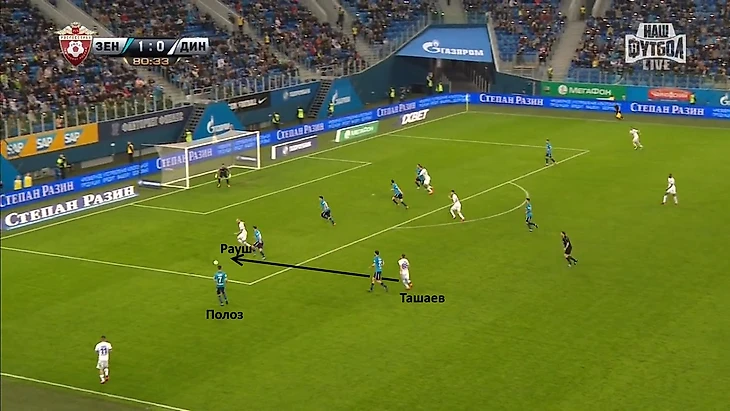Ташаев отдает разрезающий пас в штрафную на Рауша. Полоз вместо того, чтобы подстраховать Ивановича, провожает игрока «Динамо» взглядом.
