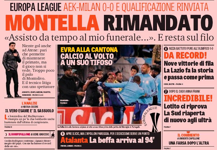 Монтелла отсрочен. Заголовки Gazzetta, TuttoSport и Corriere за 3 ноября