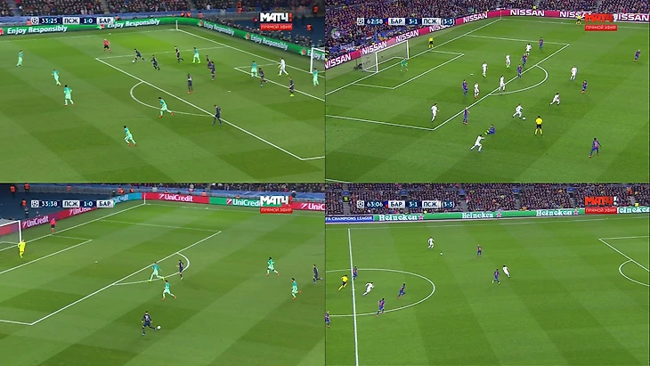 Контратаки ПСЖ. Ди Мария и Вератти доводят мяч до Дракслера с правого фланга на левый после отбора мяча у Неймара