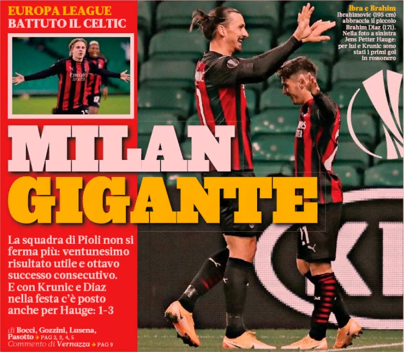 Гигантский «Милан». Заголовки Gazzetta, TuttoSport и Corriere за 23 октября