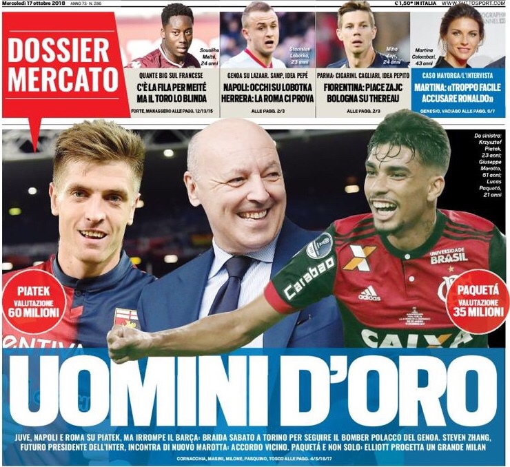 Золотые люди. Заголовки Gazzetta, TuttoSport и Corriere за 17 октября