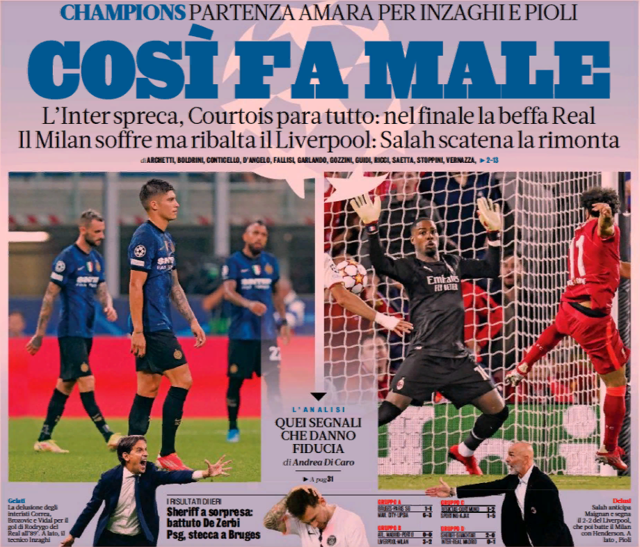Так плохо. Заголовки Gazzetta, TuttoSport и Corriere за 16 сентября