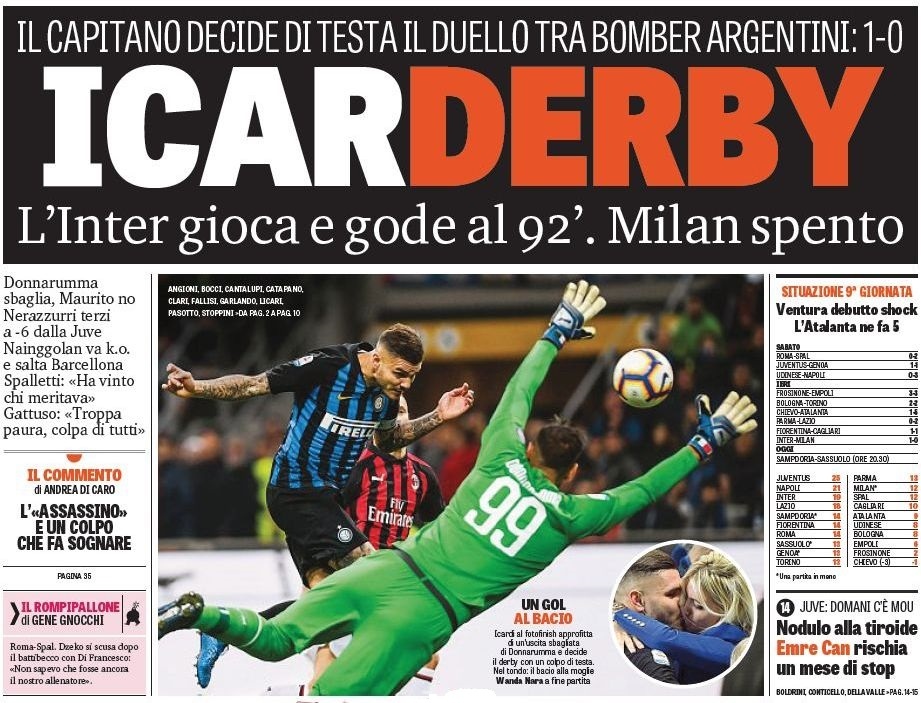 ИкарДерби. Заголовки Gazzetta, TuttoSport и Corriere за 22 октября