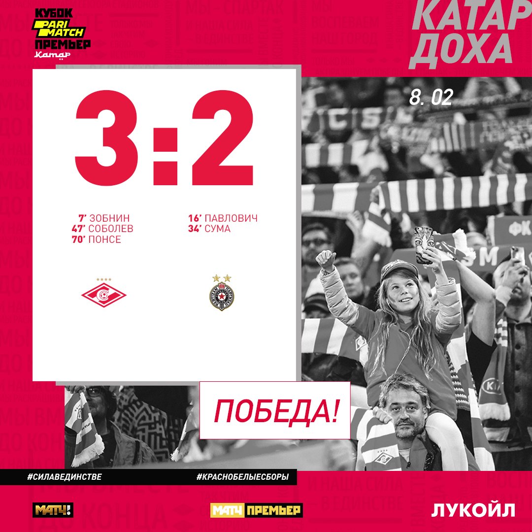 «Спартак» — «Партизан»: первый гол Соболева и победа в Кубке Париматч Премьер