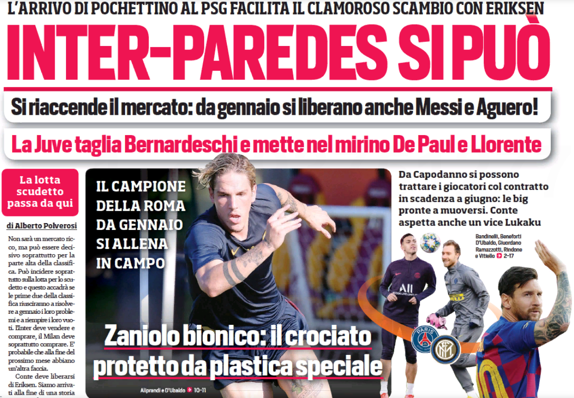 «Интер»-Паредес, это возможно. Заголовки Gazzetta, TuttoSport и Corriere за 27 декабря