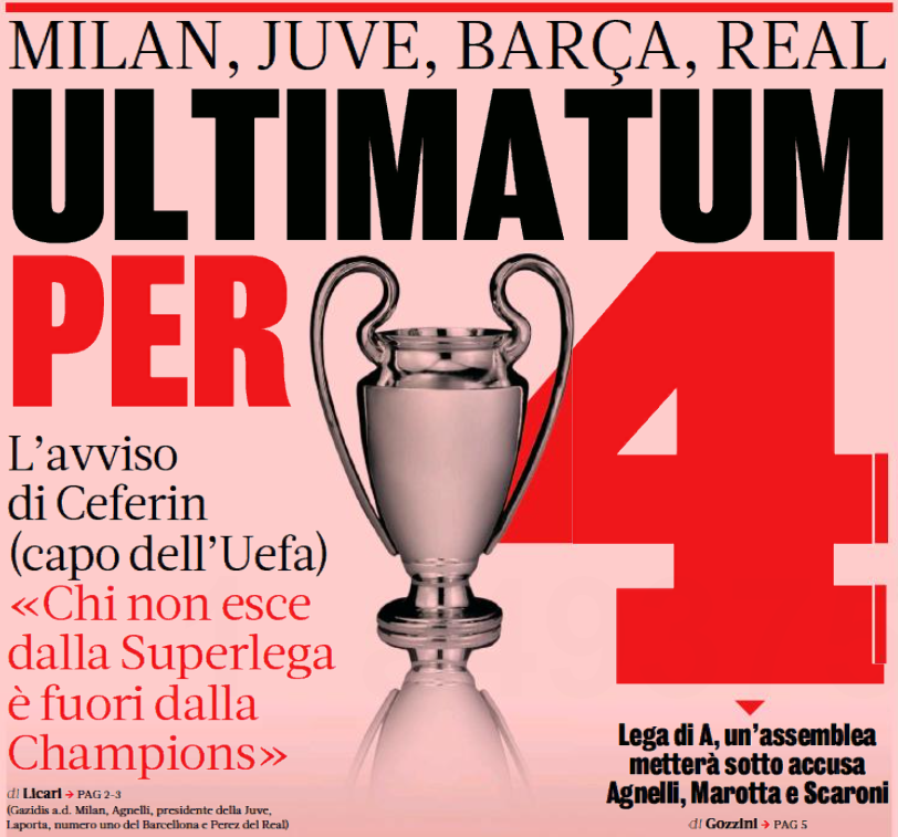 Ультиматум для 4. Заголовки Gazzetta, TuttoSport и Corriere за 24 апреля