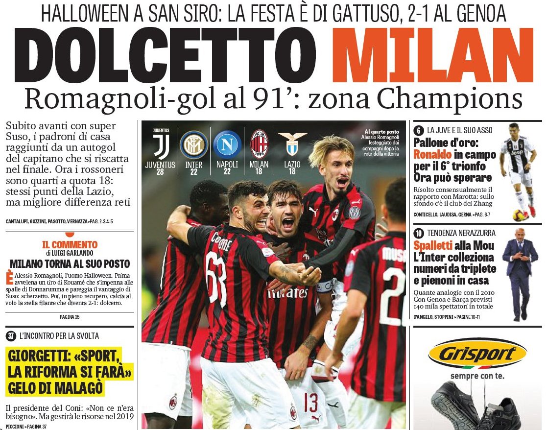 Сладость «Милана». Заголовки Gazzetta, TuttoSport и Corriere за 1 ноября