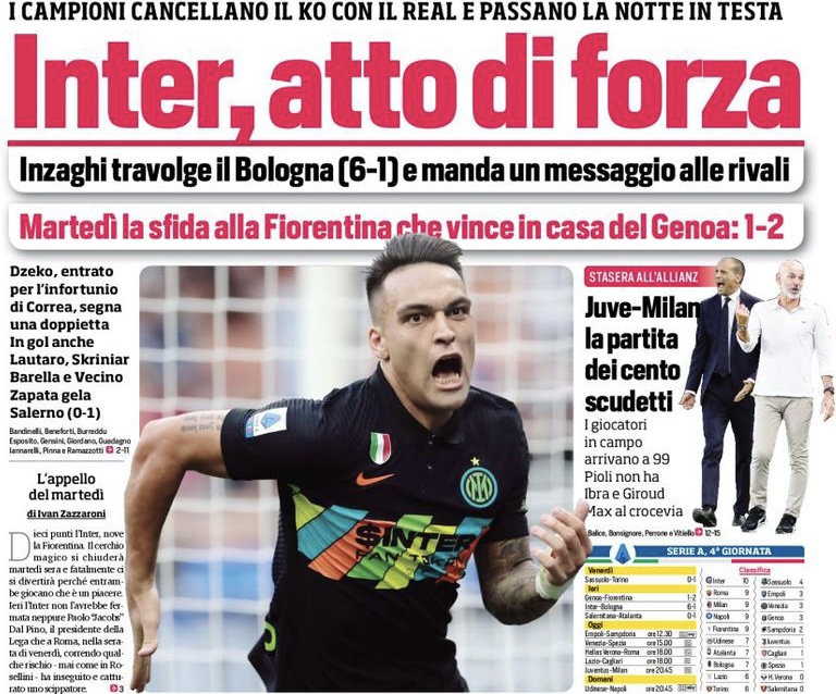 «Интер», акт силы. Заголовки Gazzetta, TuttoSport и Corriere за 19 сентября