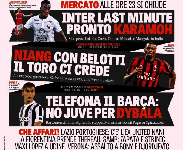 Рынок, в 23:00 закрытие. Заголовки Gazzetta, TuttoSport и Corriere за 31 августа
