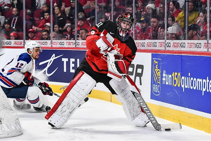 Картер Харт в игре на Молодежном Чемпионате Мира-2018 в Баффало