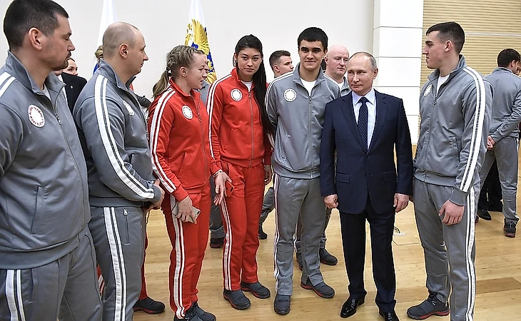На встрече с российскими спортсменами – участниками XXIII Олимпийских зимних игр 2018 года в Пхёнчхане.