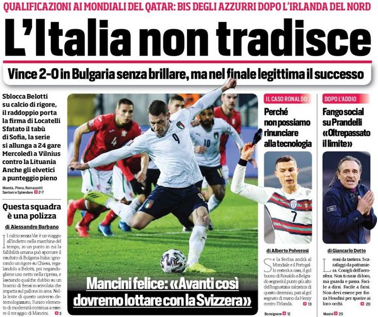 Италия не предала. Заголовки Gazzetta, TuttoSport и Corriere за 29 марта