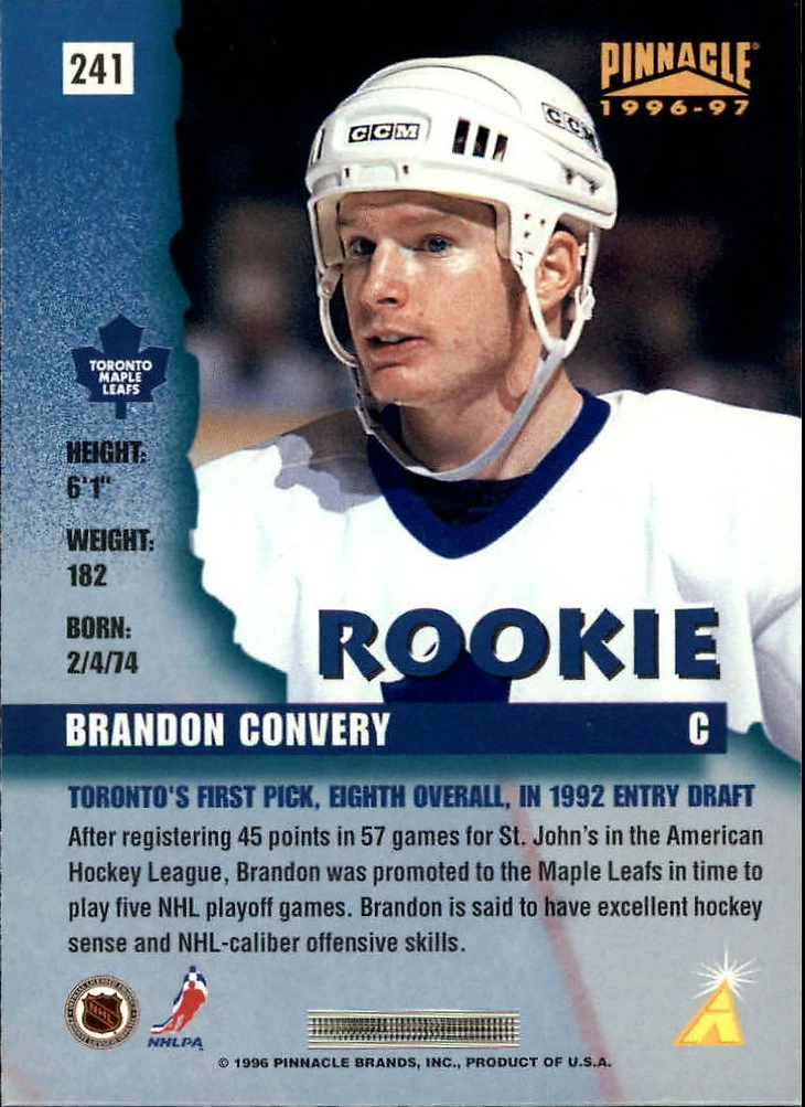 1996-97 Pinnacle Hockey Premium Stock #241 Brandon Convery Toronto Maple  Leafs | eBay