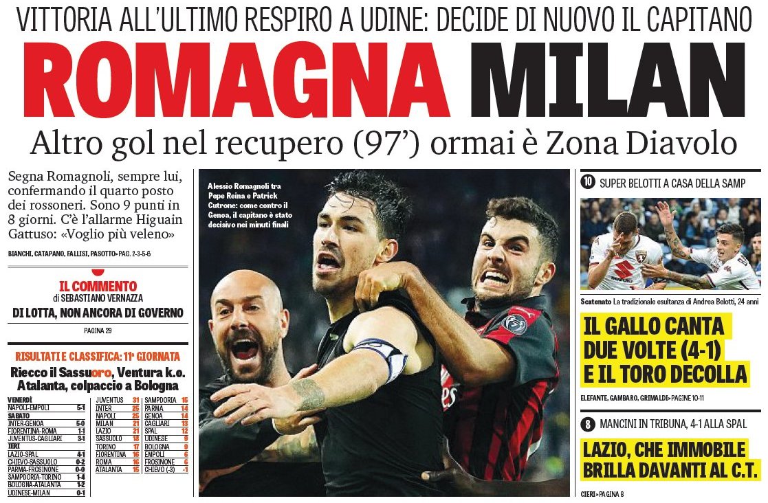 Романья «Милан». Заголовки Gazzetta, TuttoSport и Corriere за 5 ноября