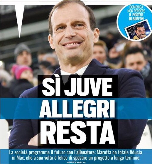 Да, «Юве», Аллегри останется. Заголовки Gazzetta, TuttoSport и Corriere за 26 января