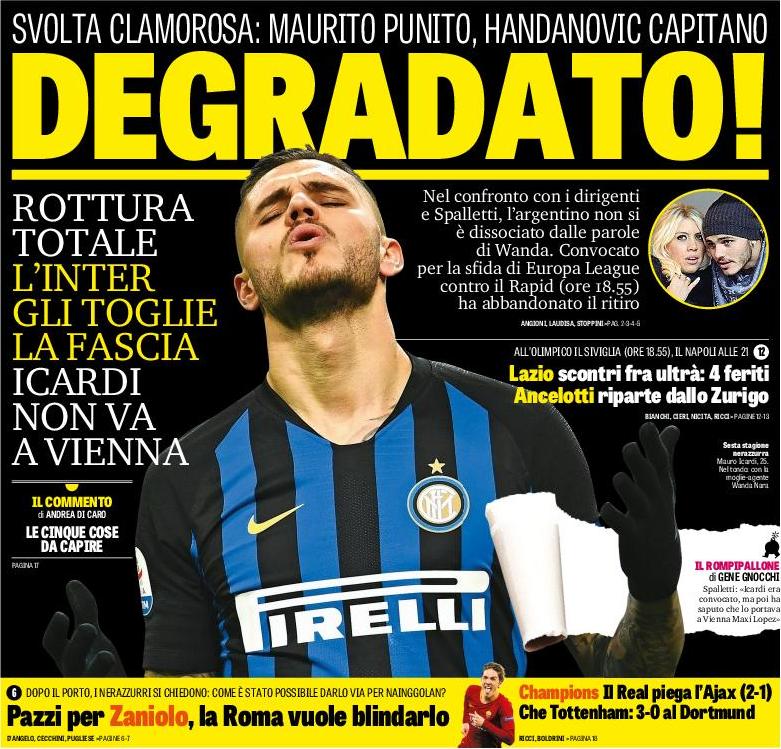 Разжалован. Заголовки Gazzetta, TuttoSport и Corriere за 14 февраля