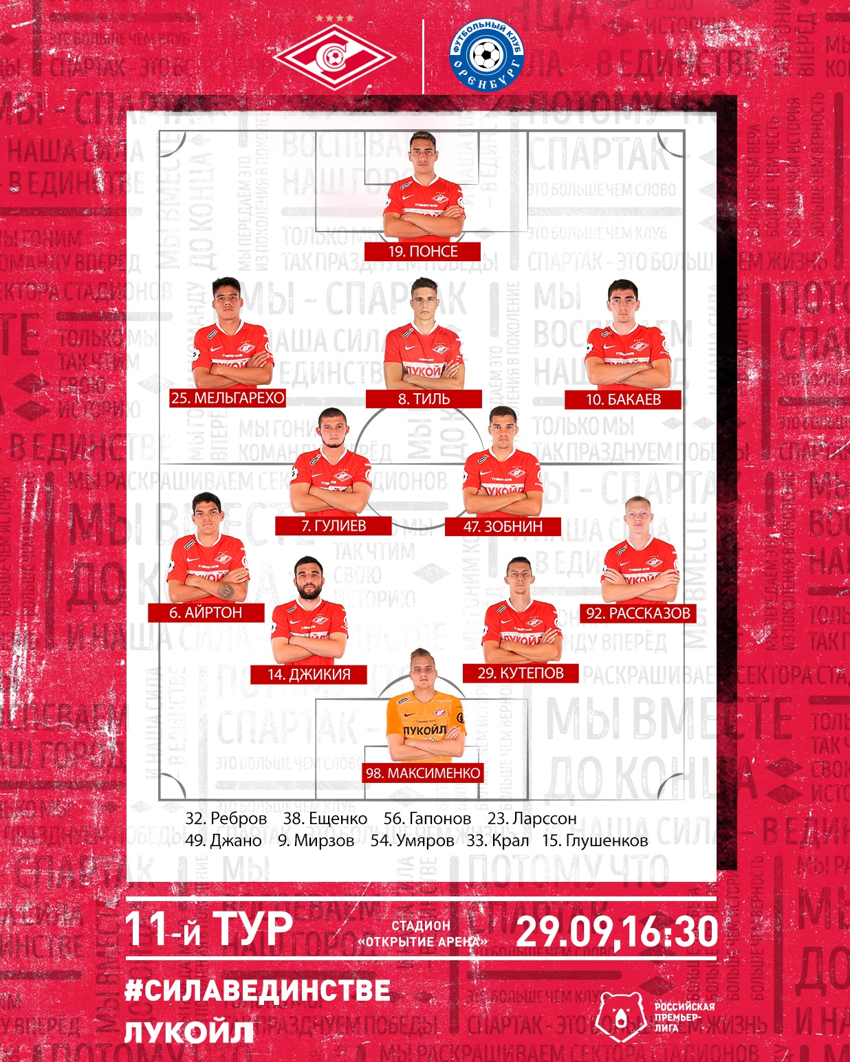 Состав «Спартака» в матче с «Оренбургом»