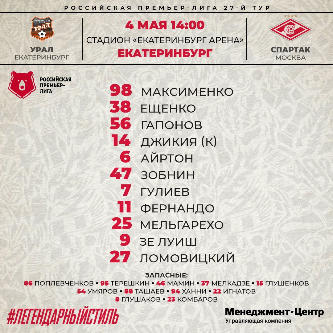 Состав «Спартака» в матче с «Уралом»