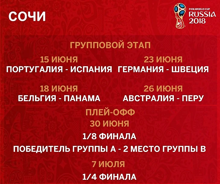 Расписание матчей ЧМ-2018 в Сочи