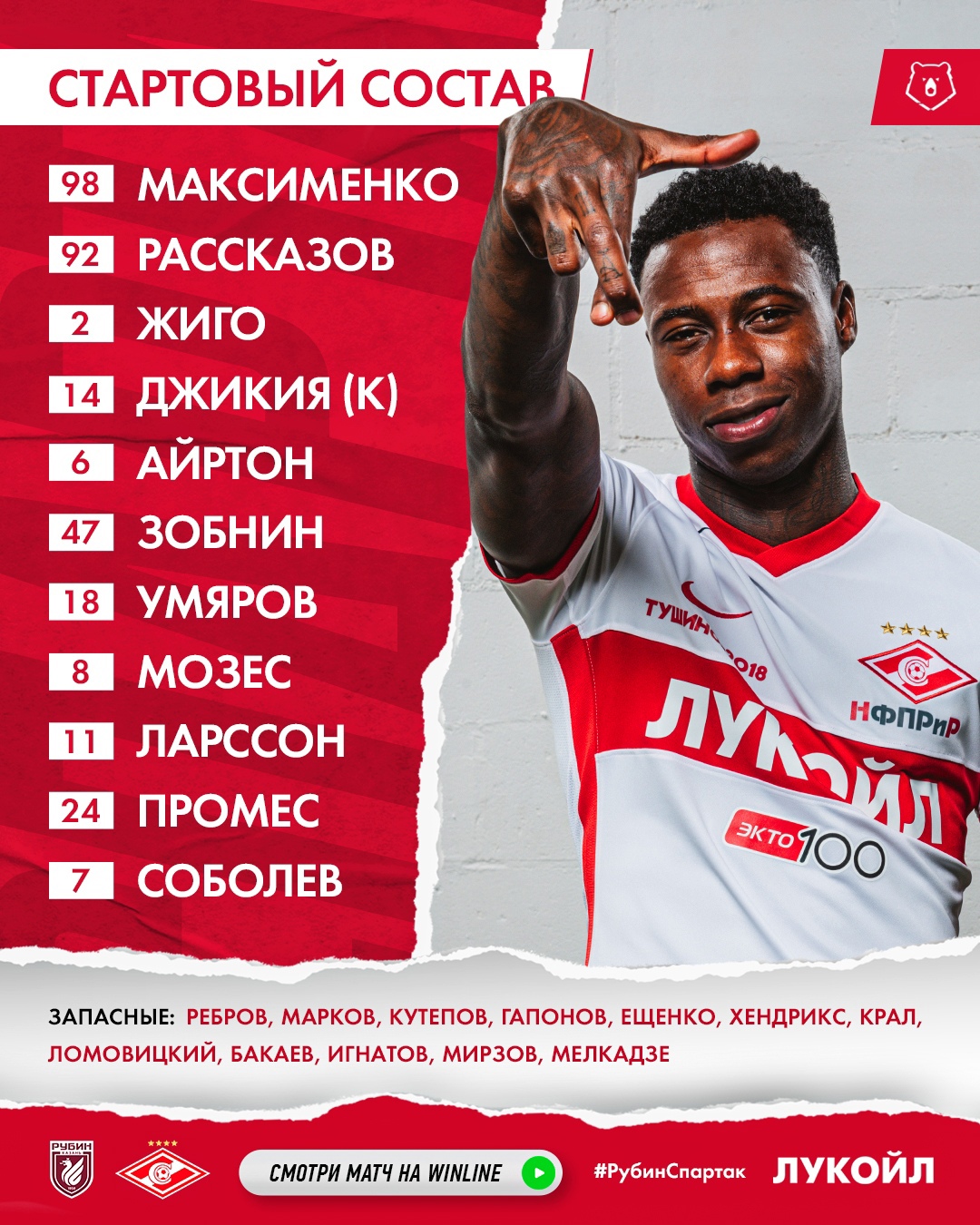 Состав «Спартака» в матче с «Рубином»