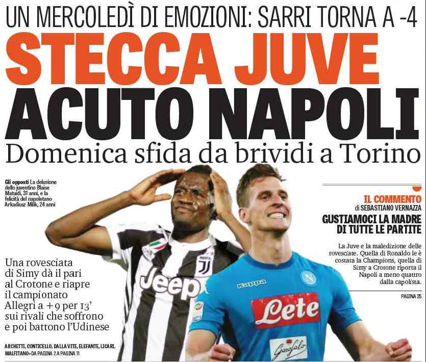 Планка «Юве», острота «Наполи». Заголовки Gazzetta, TuttoSport и Corriere за 19 апреля