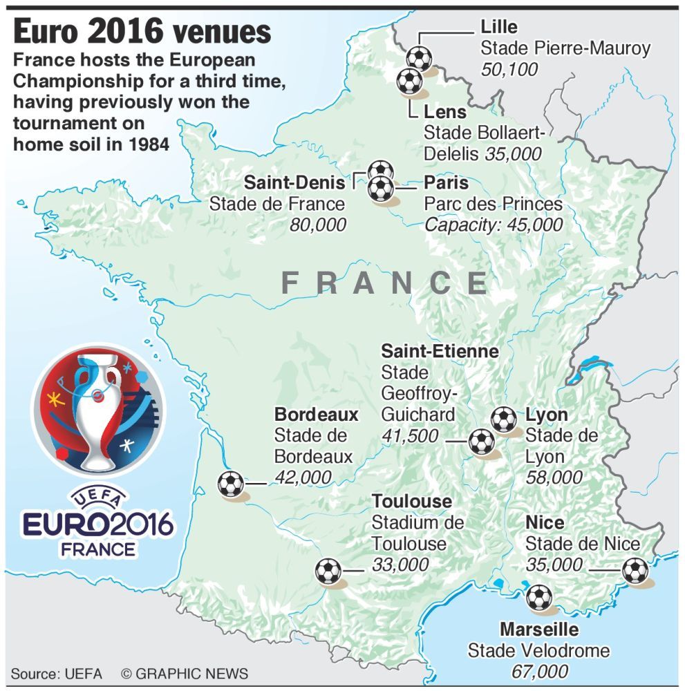 карта мест проведения Евро-2016