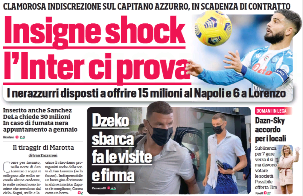 Инсинье шокирует, «Интер» пытается его заполучить. Заголовки Gazzetta, TuttoSport и Corriere за 12 августа