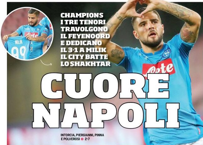 Сердце «Наполи». Заголовки Gazzetta, TuttoSport и Corriere за 27 сентября