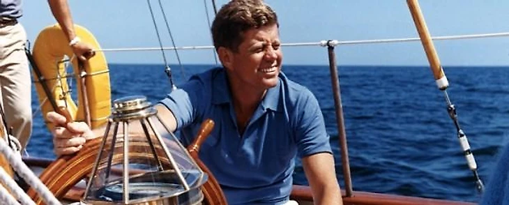 KN-C23425 26 August 1962 President Kennedy sailing aboard the U. S. Coast Guard yacht &quout;Manitou&quout;. Narragansett Bay, Rhode Island. Photograph by Robert Knudsen, White House, in the John F. Kennedy Presidential Library and Museum, Boston.