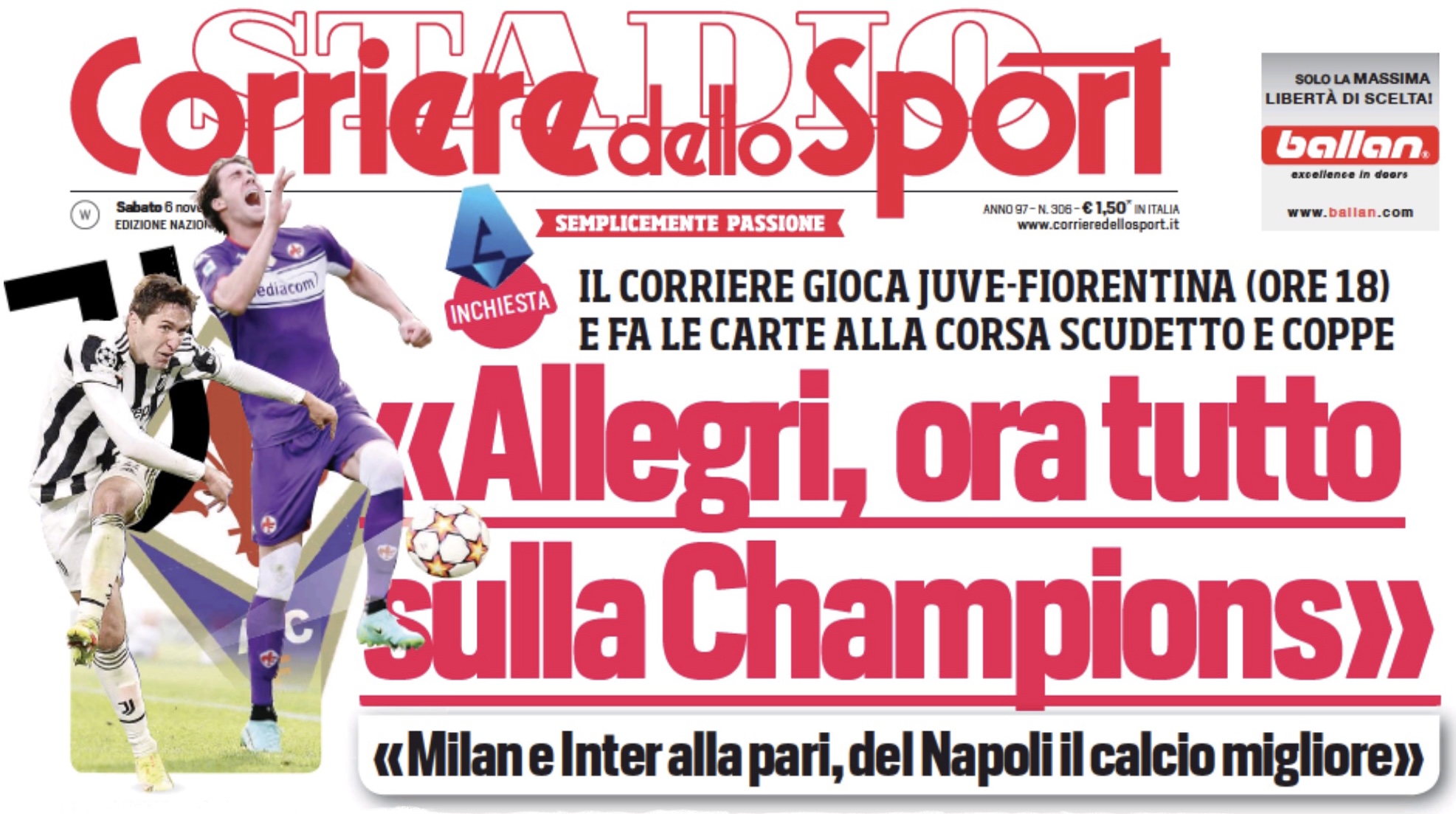 «Аллегри, теперь всё на Лигу Чемпионов». Заголовки Gazzetta, TuttoSport и Corriere за 6 ноября