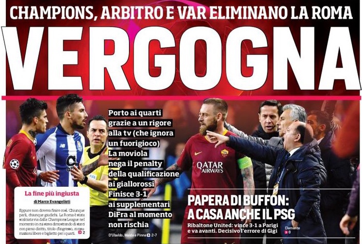 Позор. Заголовки Gazzetta, TuttoSport и Corriere за 7 марта